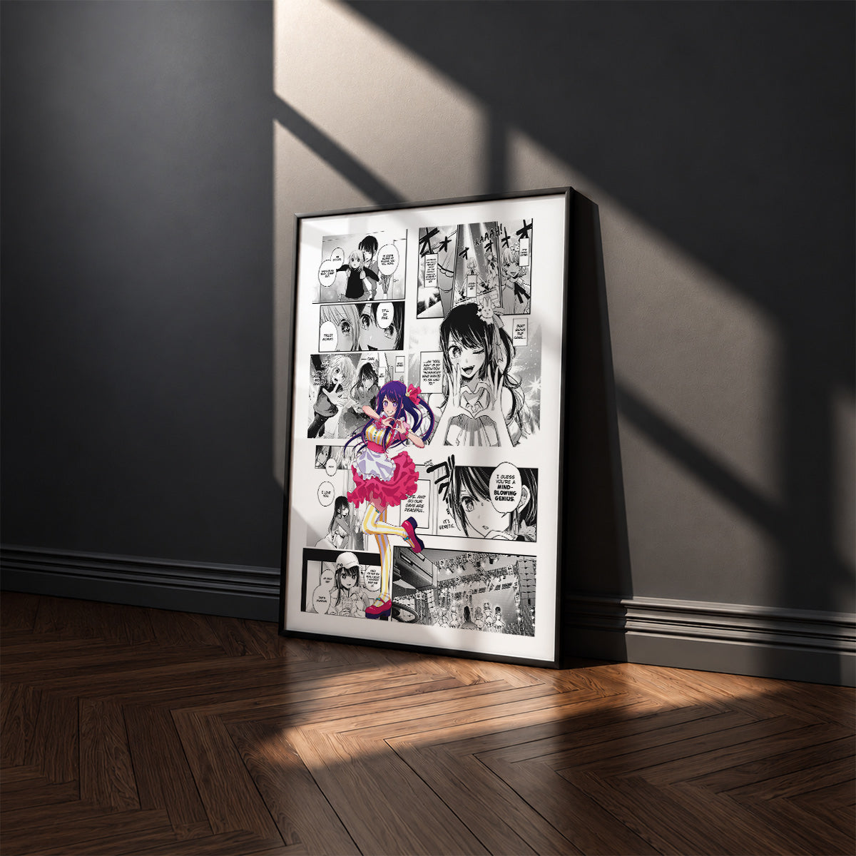 Ai Hoshino manga poster inspired by [Oshi No Ko] in a black frame against a charcoal gray wall
