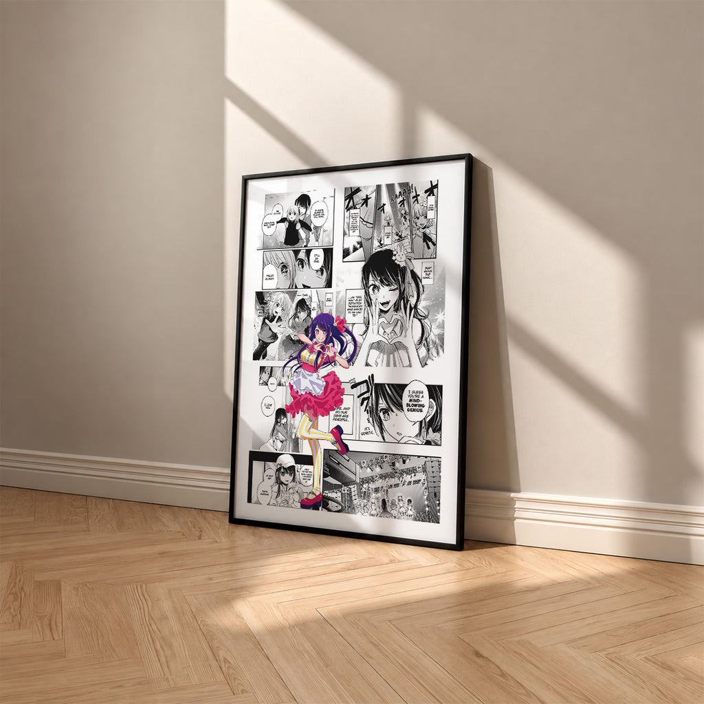 Ai Hoshino manga poster inspired by [Oshi No Ko] in a black frame against a warm beige wall