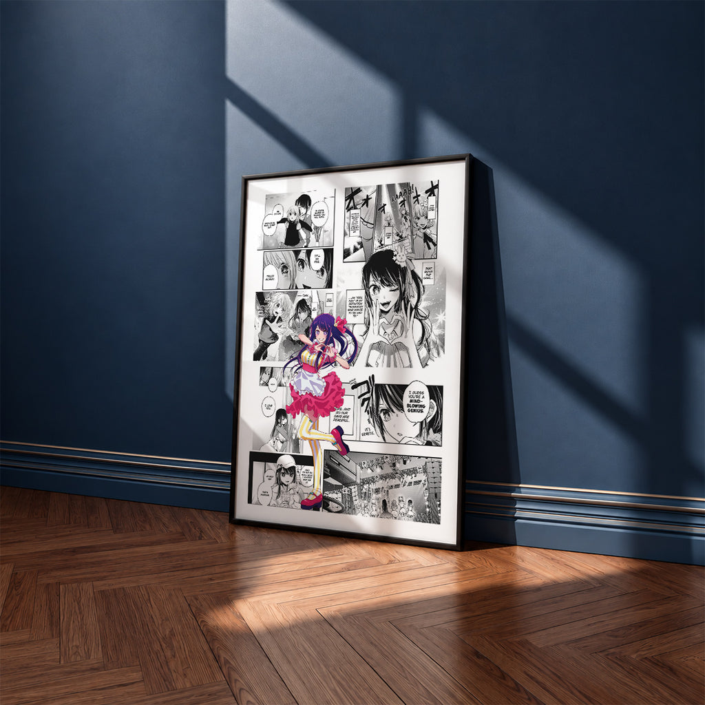 Ai Hoshino manga poster inspired by [Oshi No Ko] in a black frame against a navy blue wall