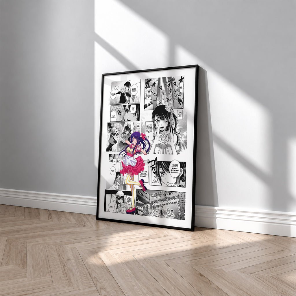 Ai Hoshino manga poster inspired by [Oshi No Ko] in a black frame against a light gray wall