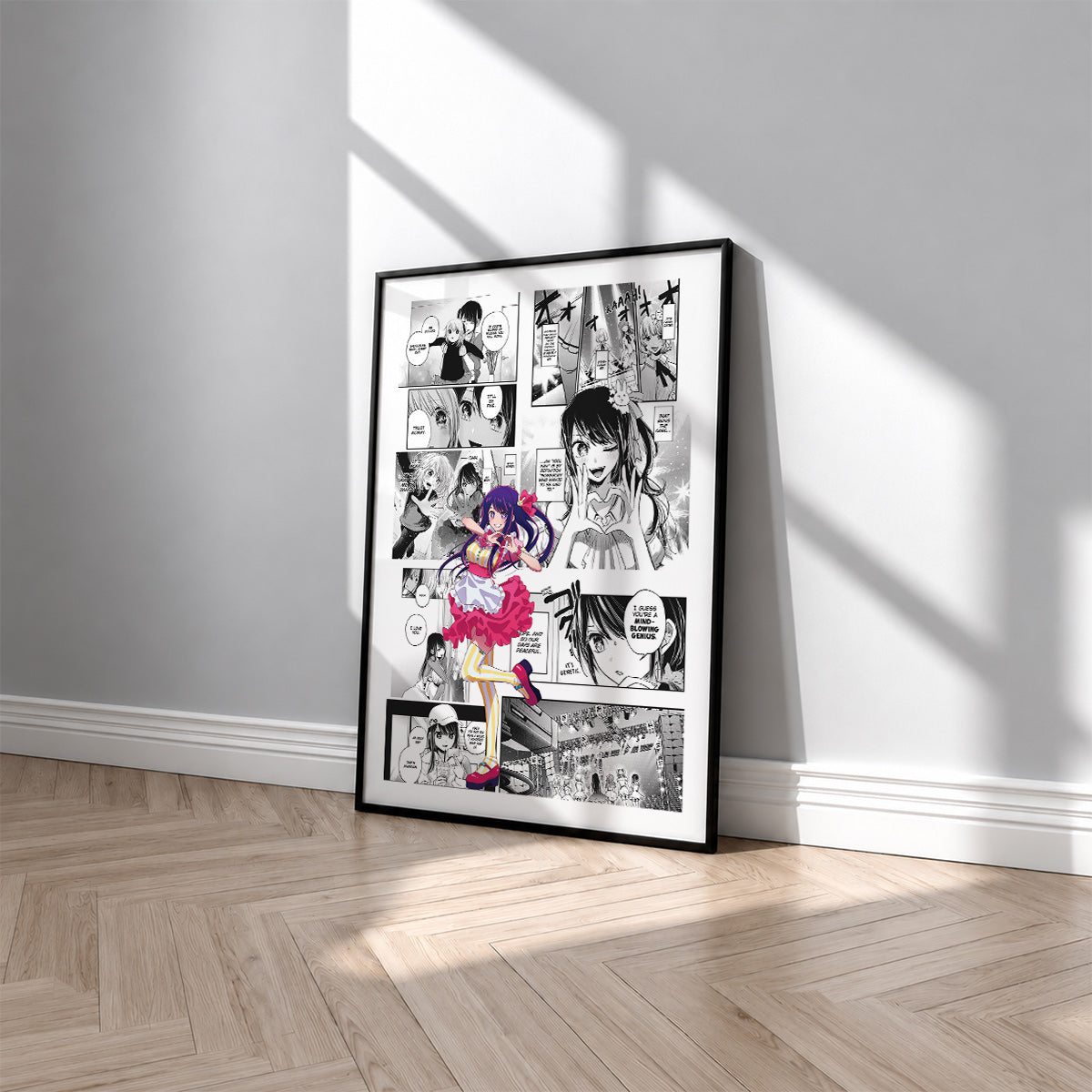 Ai Hoshino manga poster inspired by [Oshi No Ko] in a black frame against a light gray wall