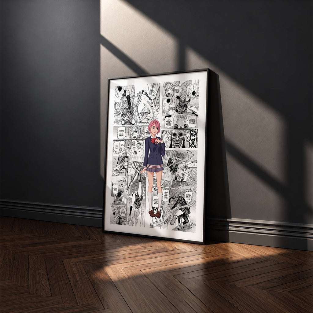 Aira Shiratori manga poster inspired by Dandadan in a black frame against a charcoal gray wall