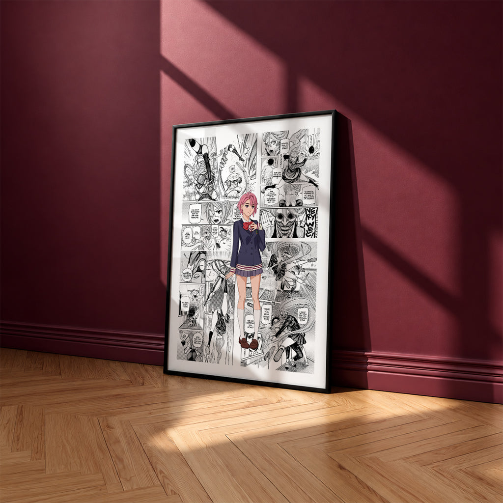 Aira Shiratori manga poster inspired by Dandadan in a black frame against a burgundy wall