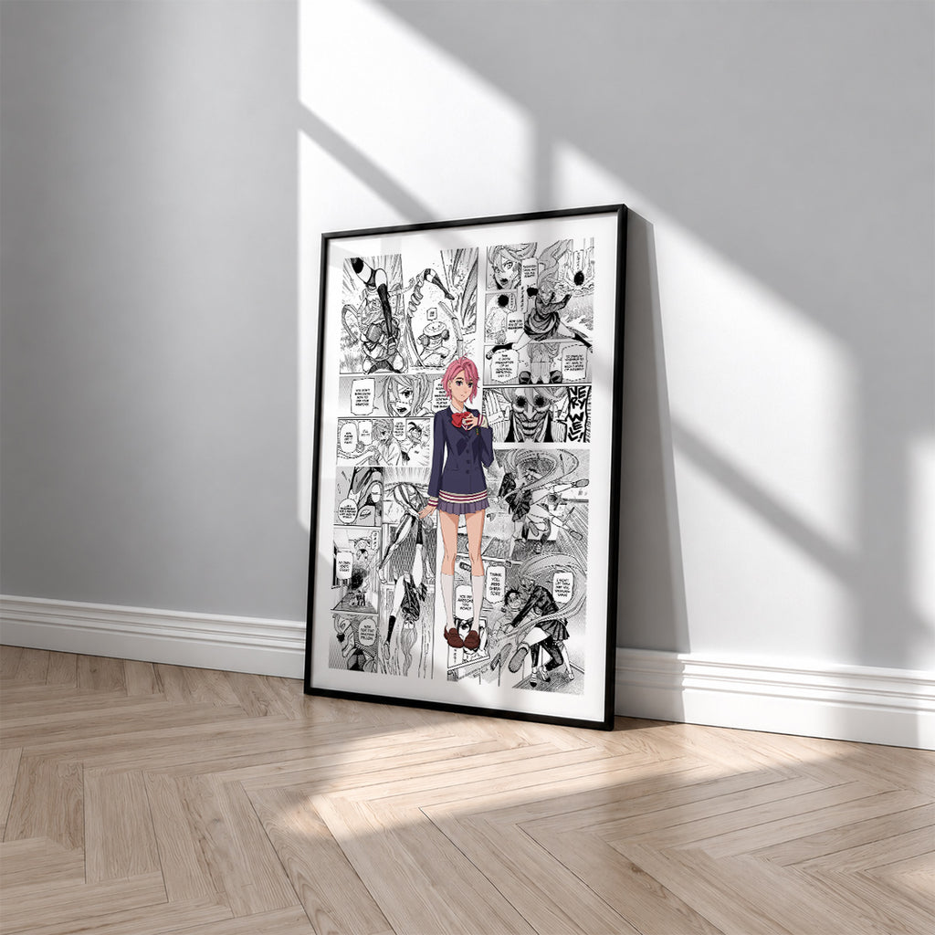 Aira Shiratori manga poster inspired by Dandadan in a black frame against a light gray wall