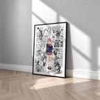 Aira Shiratori manga poster inspired by Dandadan in a black frame against a light gray wall