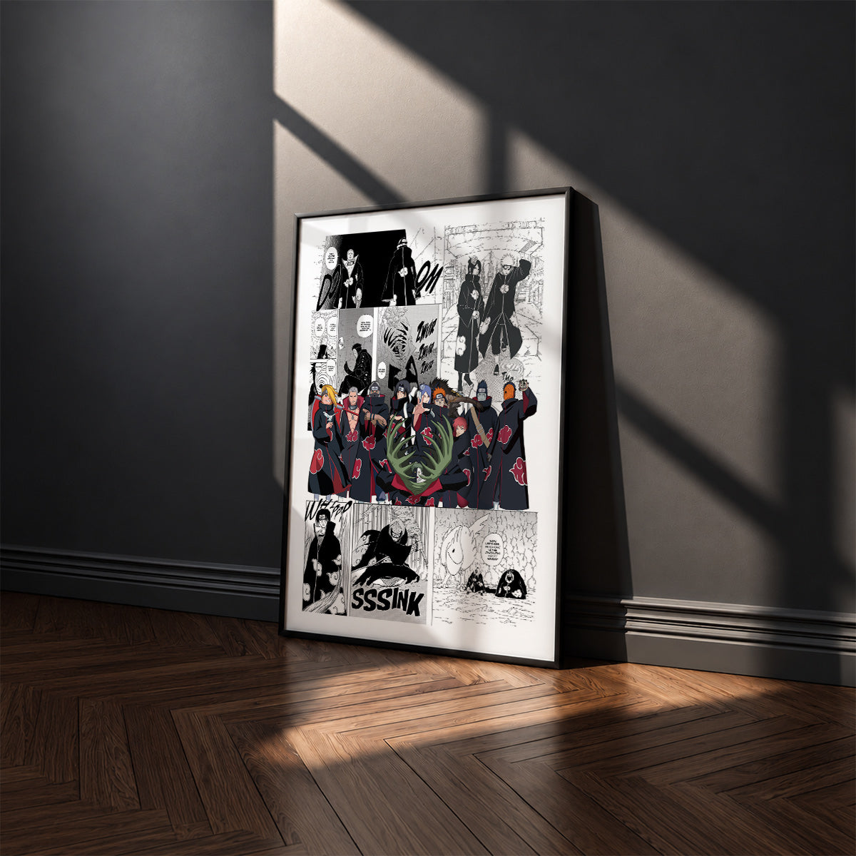 Akatsuki manga poster inspired by Naruto in a black frame against a charcoal gray wall