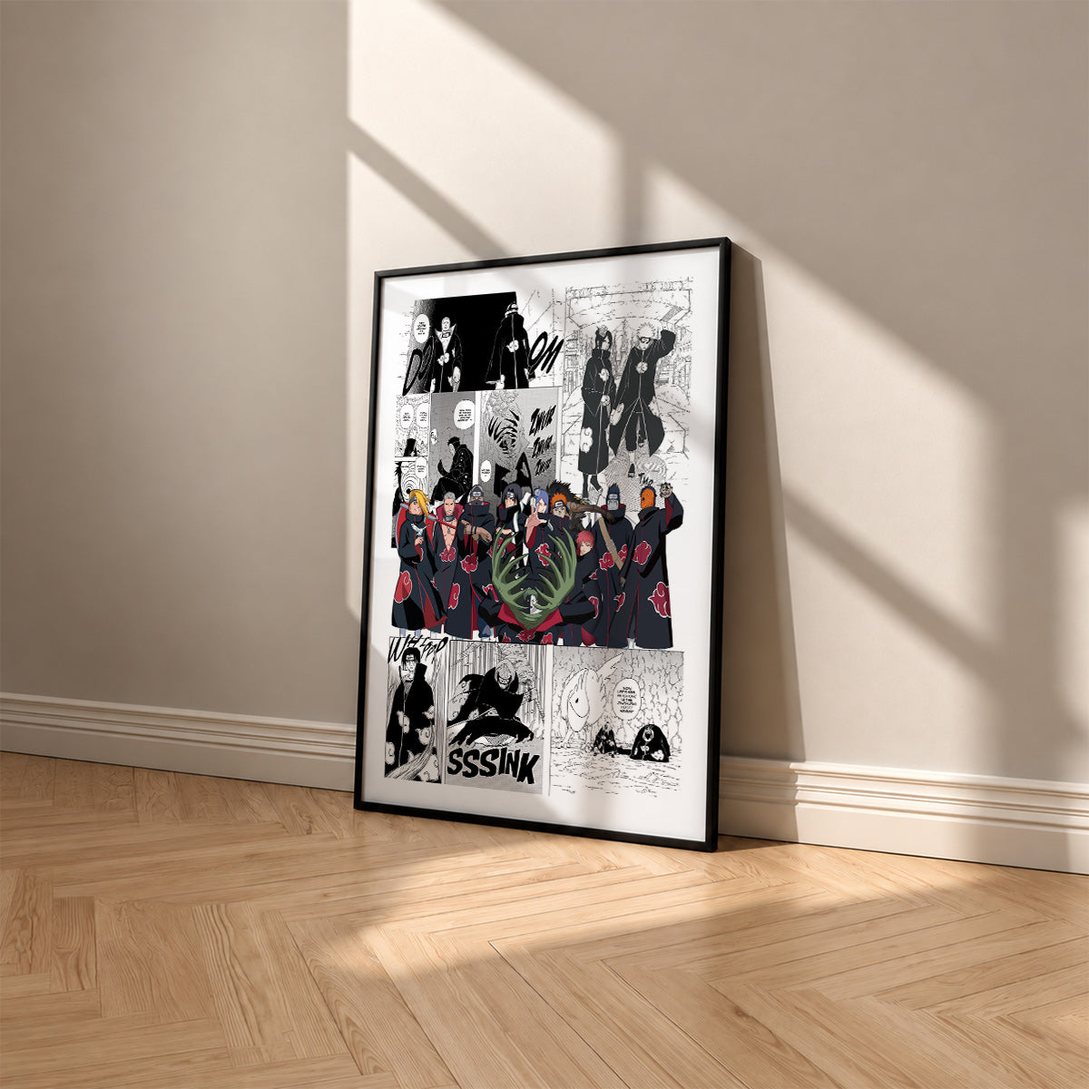 Akatsuki manga poster inspired by Naruto in a black frame against a warm beige wall