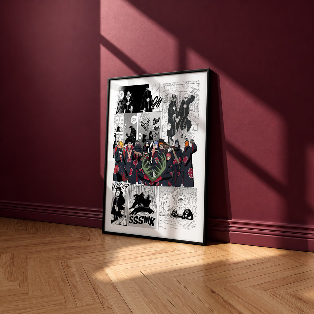 Akatsuki manga poster inspired by Naruto in a black frame against a burgundy wall