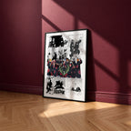 Akatsuki manga poster inspired by Naruto in a black frame against a burgundy wall