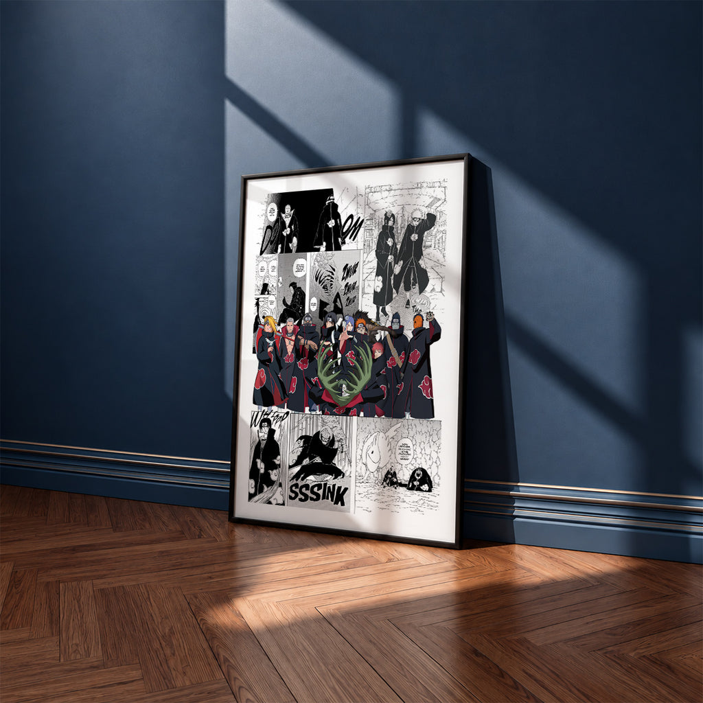 Akatsuki manga poster inspired by Naruto in a black frame against a navy blue wall
