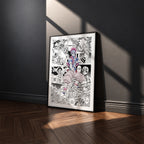Akaza manga poster inspired by Demon Slayer in a black frame against a charcoal gray wall