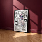 Akaza manga poster inspired by Demon Slayer in a black frame against a burgundy wall