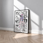 Akaza manga poster inspired by Demon Slayer in a black frame against a light gray wall