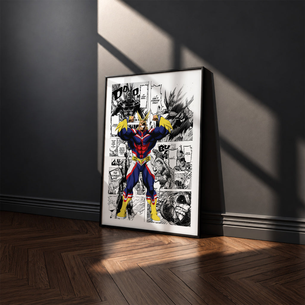 All Might manga poster inspired by My Hero Academia in a black frame against a charcoal gray wall