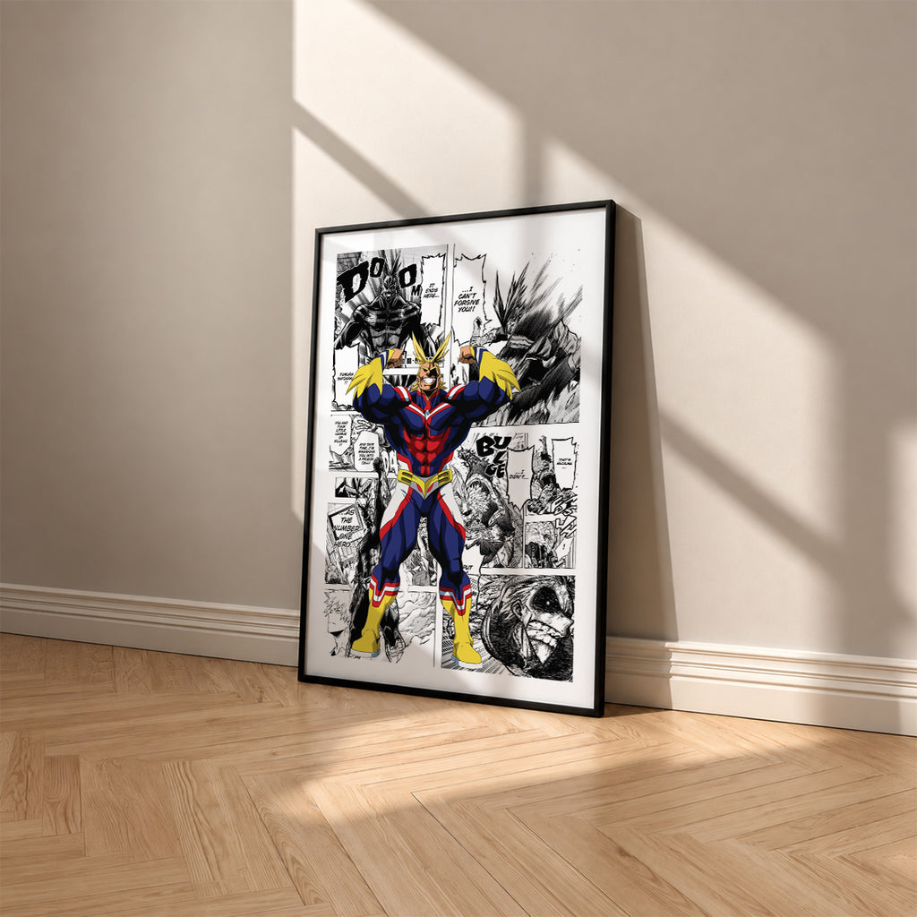 All Might manga poster inspired by My Hero Academia in a black frame against a warm beige wall