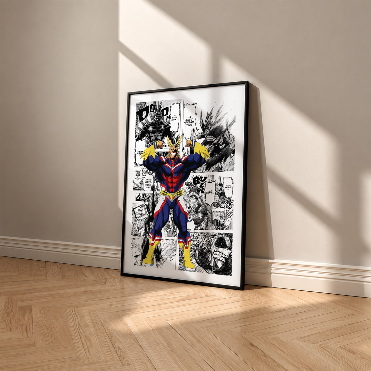 All Might manga poster inspired by My Hero Academia in a black frame against a warm beige wall