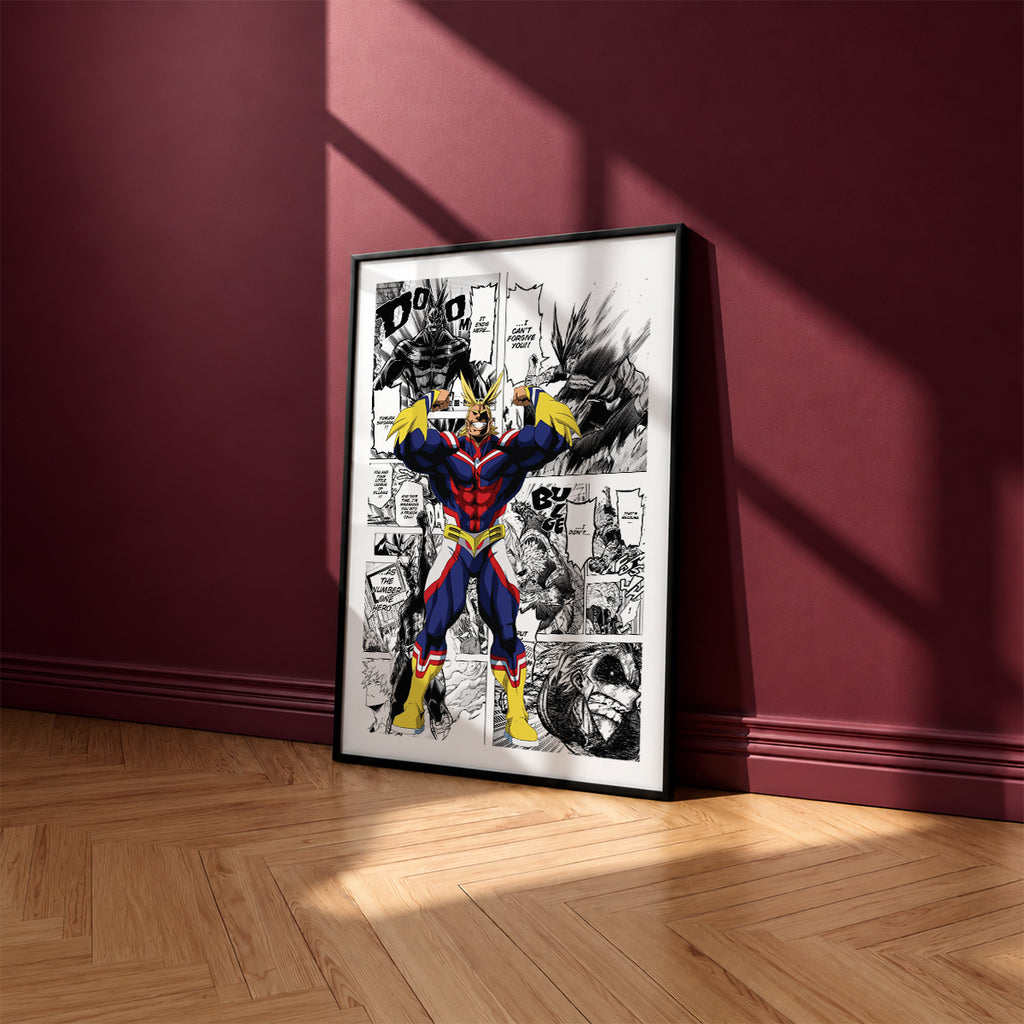 All Might manga poster inspired by My Hero Academia in a black frame against a burgundy wall