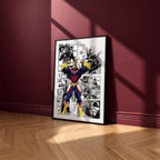 All Might manga poster inspired by My Hero Academia in a black frame against a burgundy wall