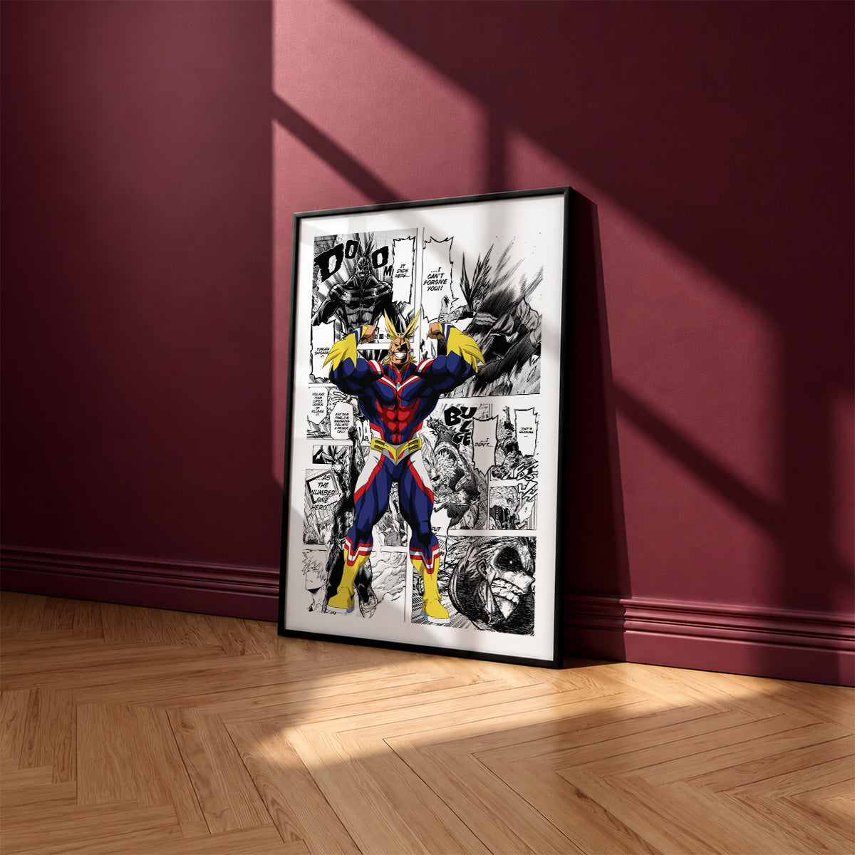 All Might manga poster inspired by My Hero Academia in a black frame against a burgundy wall