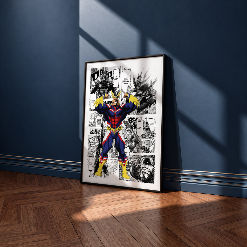 All Might manga poster inspired by My Hero Academia in a black frame against a navy blue wall