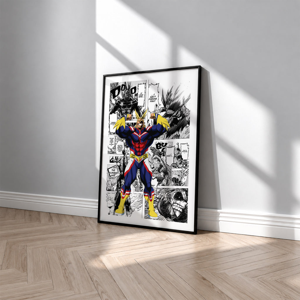 All Might manga poster inspired by My Hero Academia in a black frame against a light gray wall