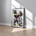 All Might manga poster inspired by My Hero Academia in a black frame against a light gray wall
