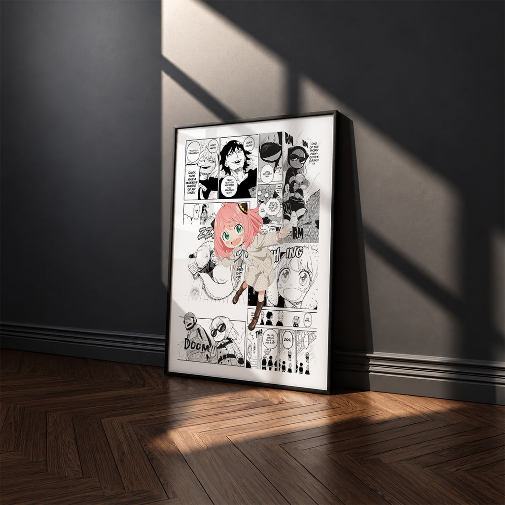 Anya Forger manga poster inspired by Spy x Family in a black frame against a charcoal gray wall