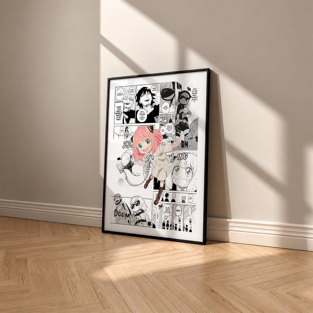 Anya Forger manga poster inspired by Spy x Family in a black frame against a warm beige wall
