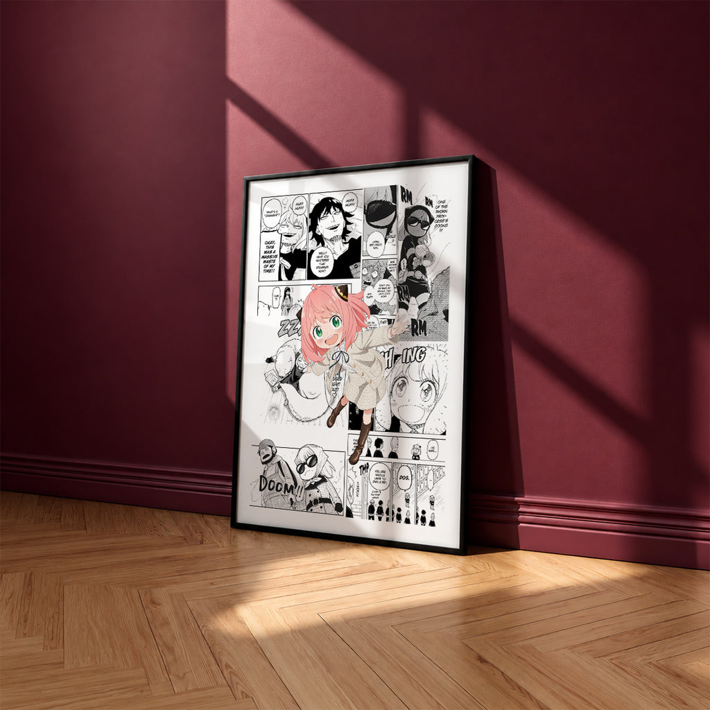 Anya Forger manga poster inspired by Spy x Family in a black frame against a burgundy wall