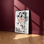 Anya Forger manga poster inspired by Spy x Family in a black frame against a burgundy wall