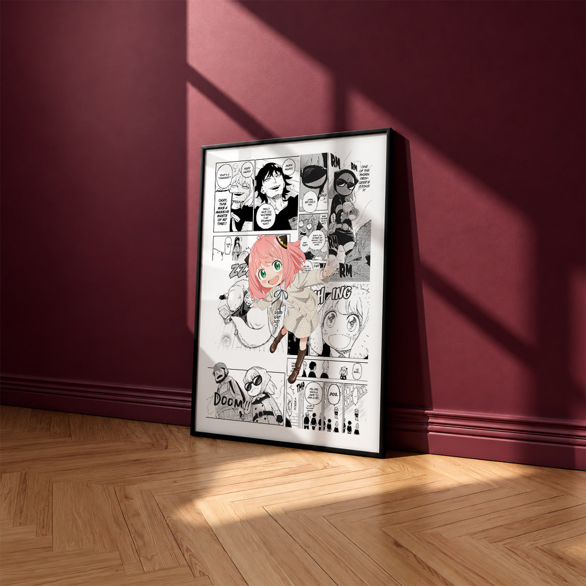 Anya Forger manga poster inspired by Spy x Family in a black frame against a burgundy wall