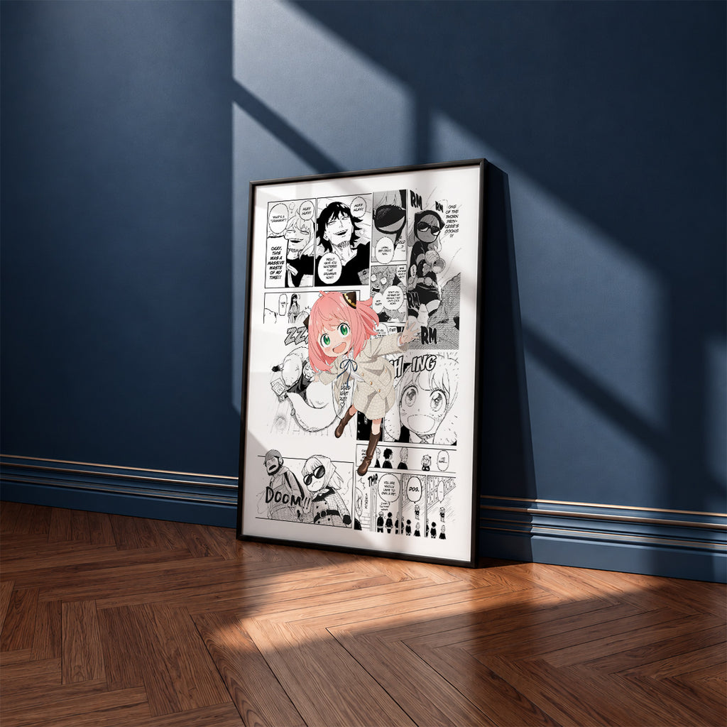 Anya Forger manga poster inspired by Spy x Family in a black frame against a navy blue wall