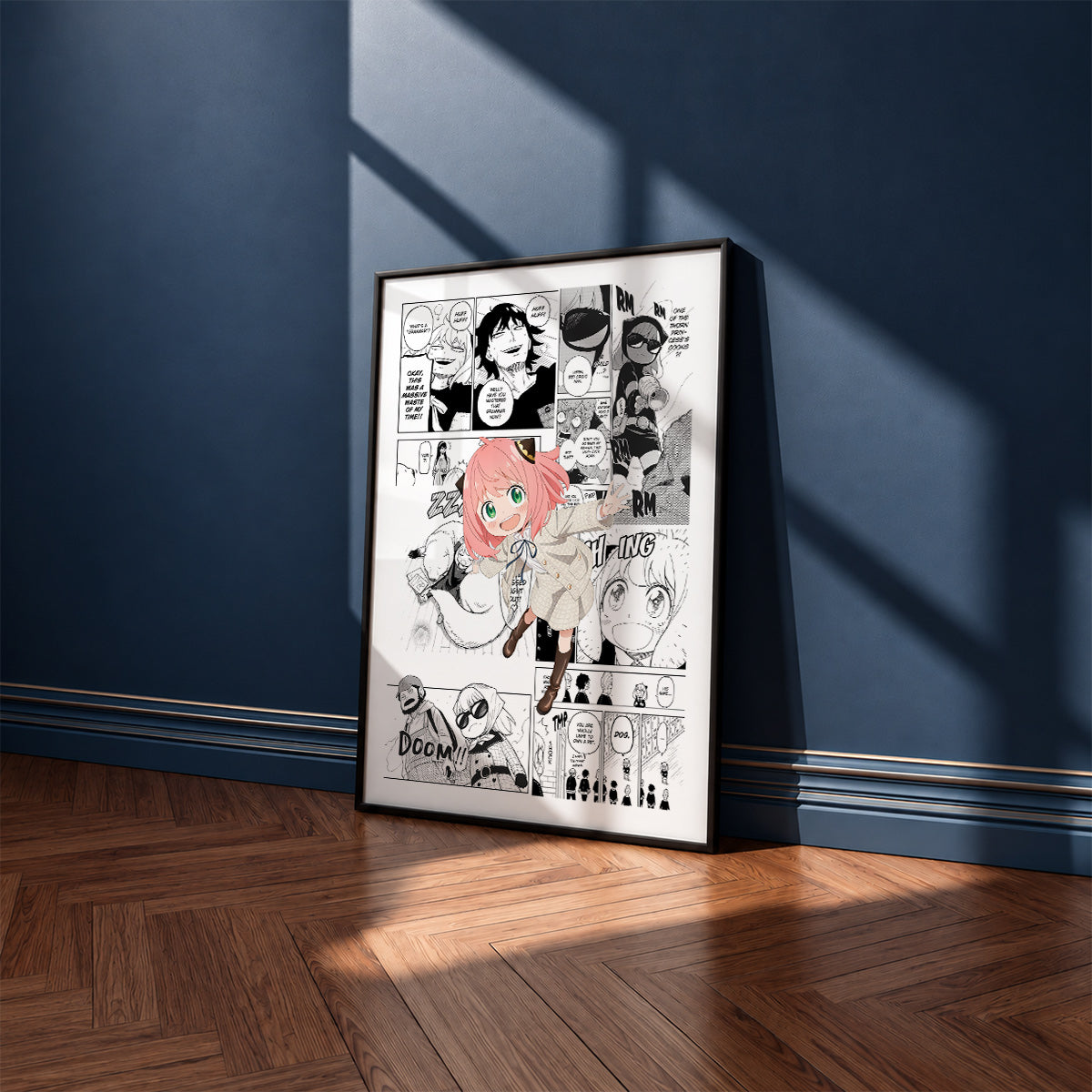Anya Forger manga poster inspired by Spy x Family in a black frame against a navy blue wall