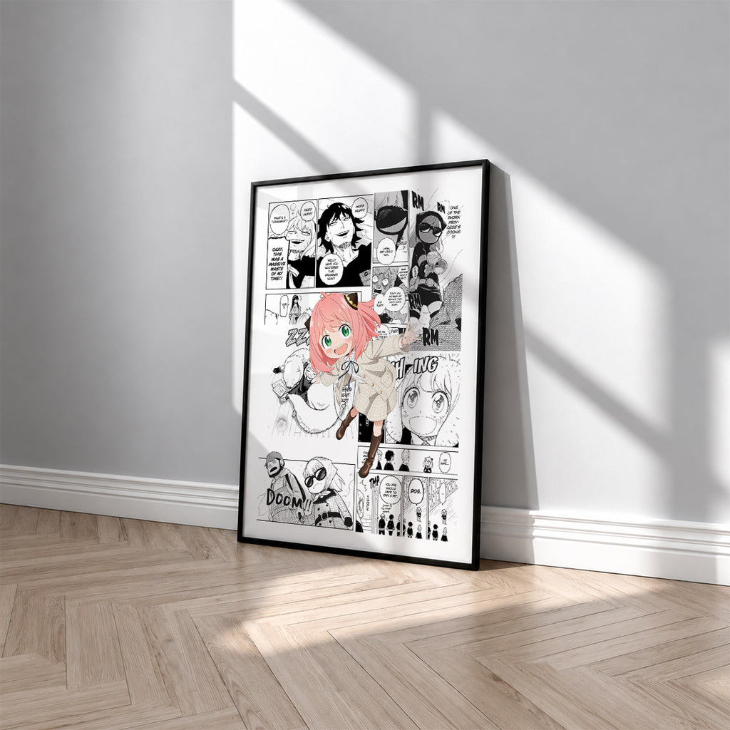 Anya Forger manga poster inspired by Spy x Family in a black frame against a light gray wall