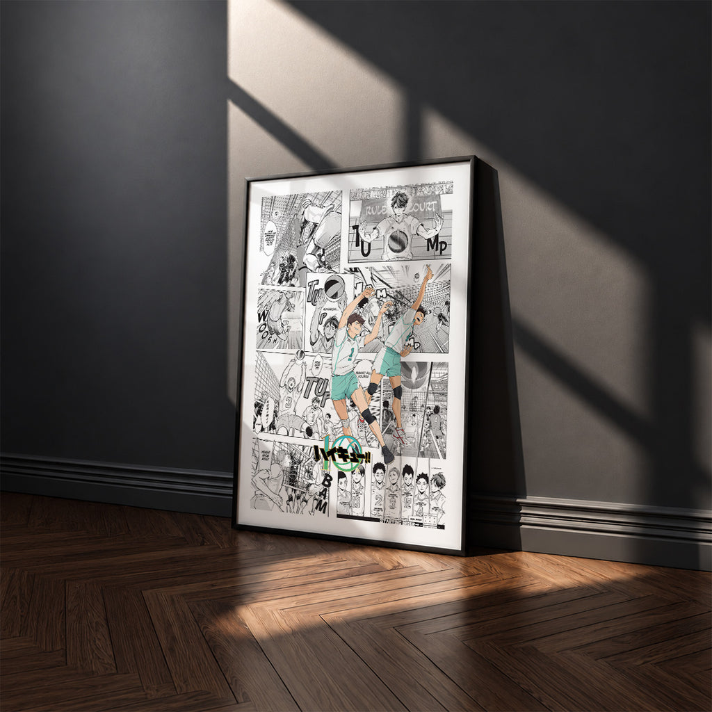 Aoba Johsai High manga poster inspired by Haikyu!! in a black frame against a charcoal gray wall