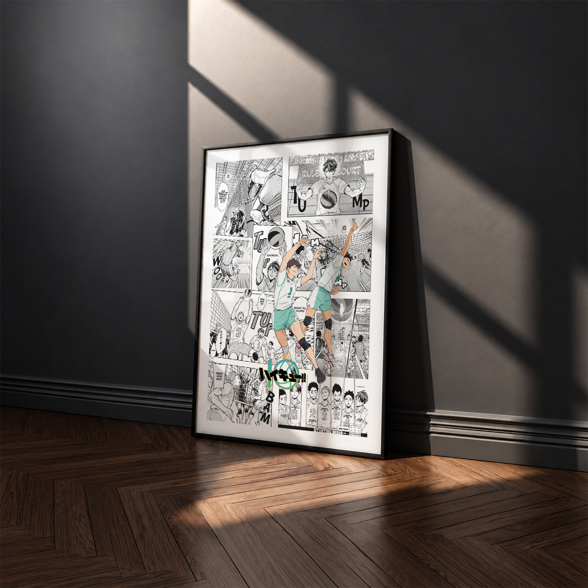 Aoba Johsai High manga poster inspired by Haikyu!! in a black frame against a charcoal gray wall