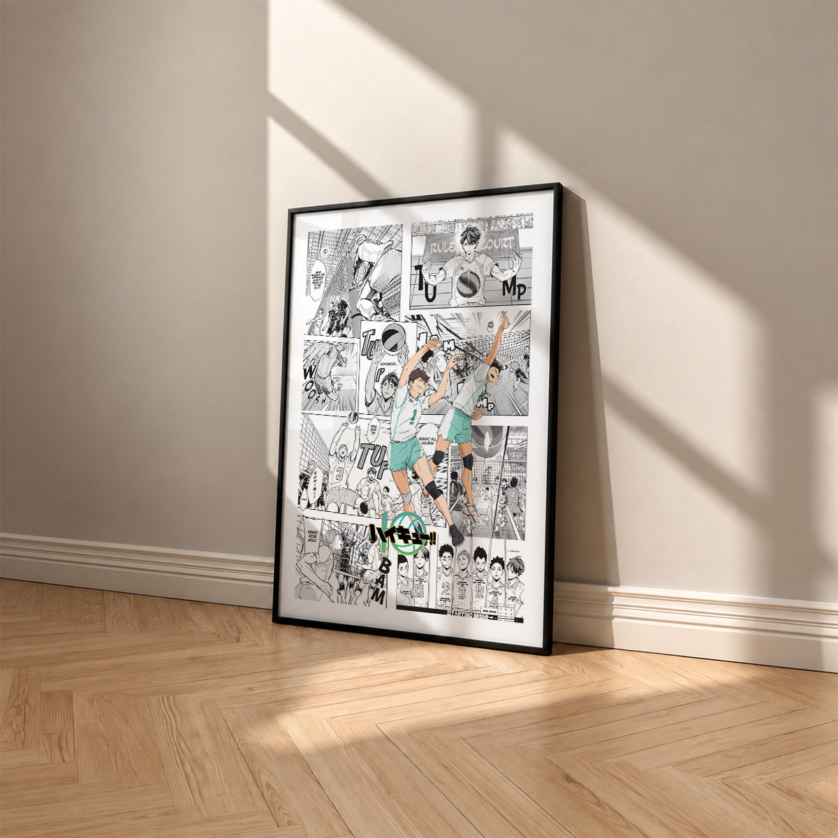 Aoba Johsai High manga poster inspired by Haikyu!! in a black frame against a warm beige wall