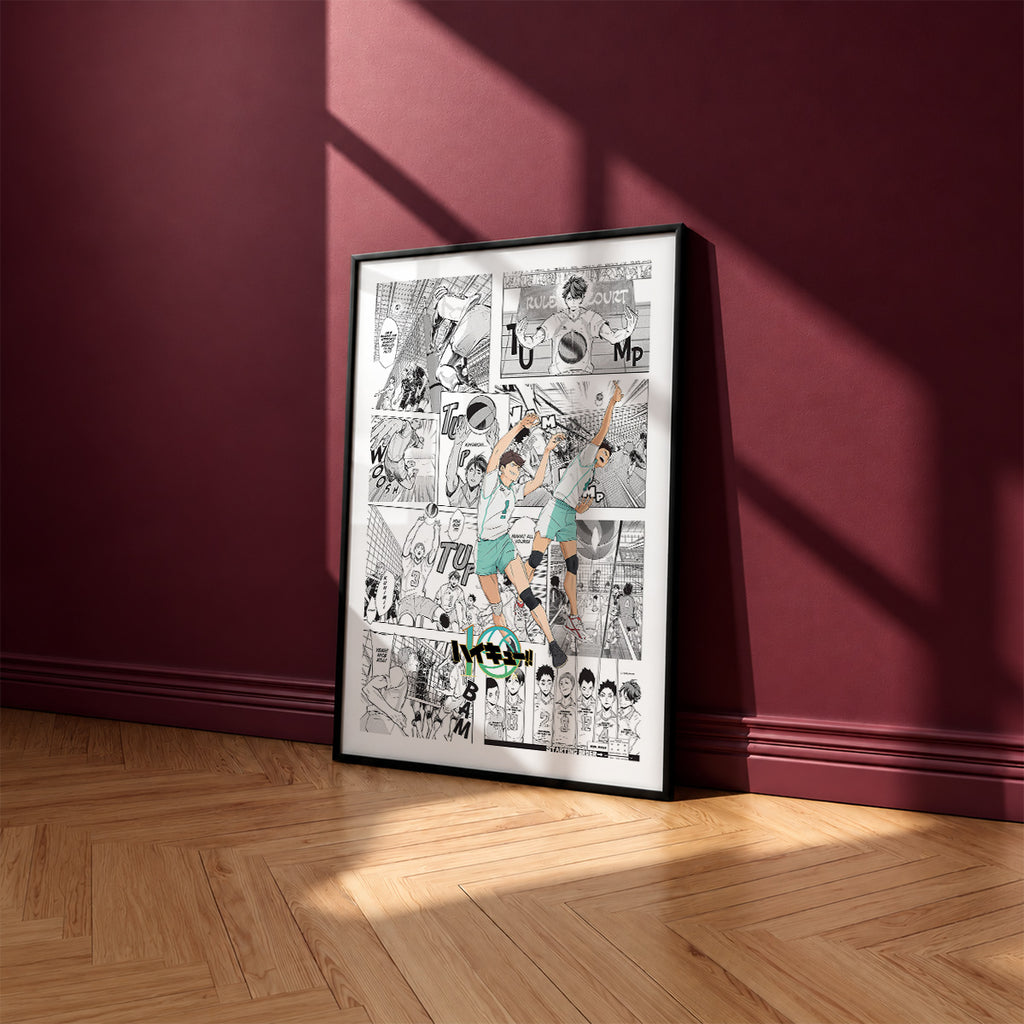 Aoba Johsai High manga poster inspired by Haikyu!! in a black frame against a burgundy wall