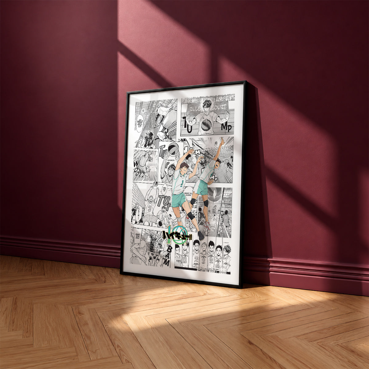 Aoba Johsai High manga poster inspired by Haikyu!! in a black frame against a burgundy wall