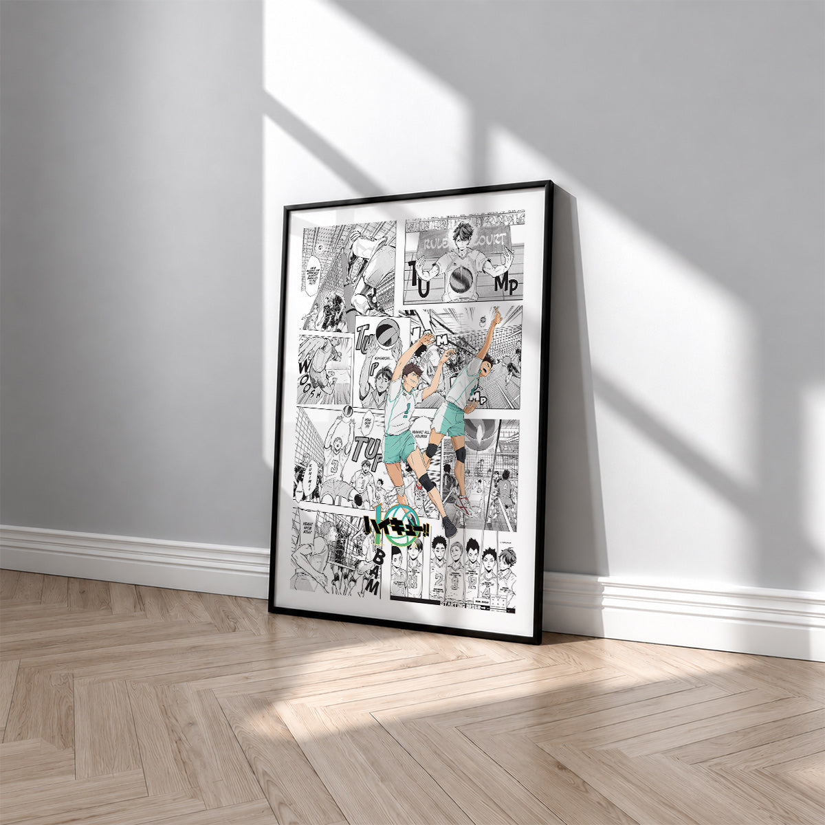 Aoba Johsai High manga poster inspired by Haikyu!! in a black frame against a light gray wall
