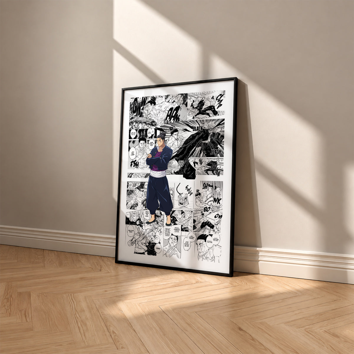 Aoi Todo manga poster inspired by Jujutsu Kaisen in a black frame against a warm beige wall