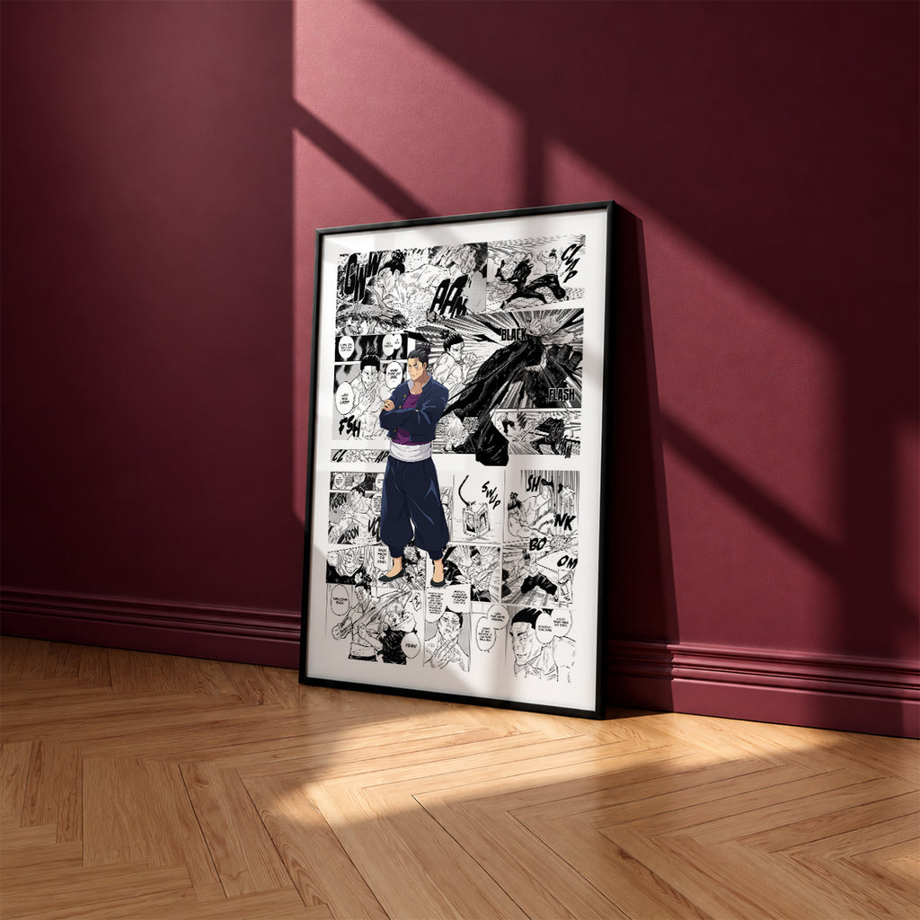 Aoi Todo manga poster inspired by Jujutsu Kaisen in a black frame against a burgundy wall