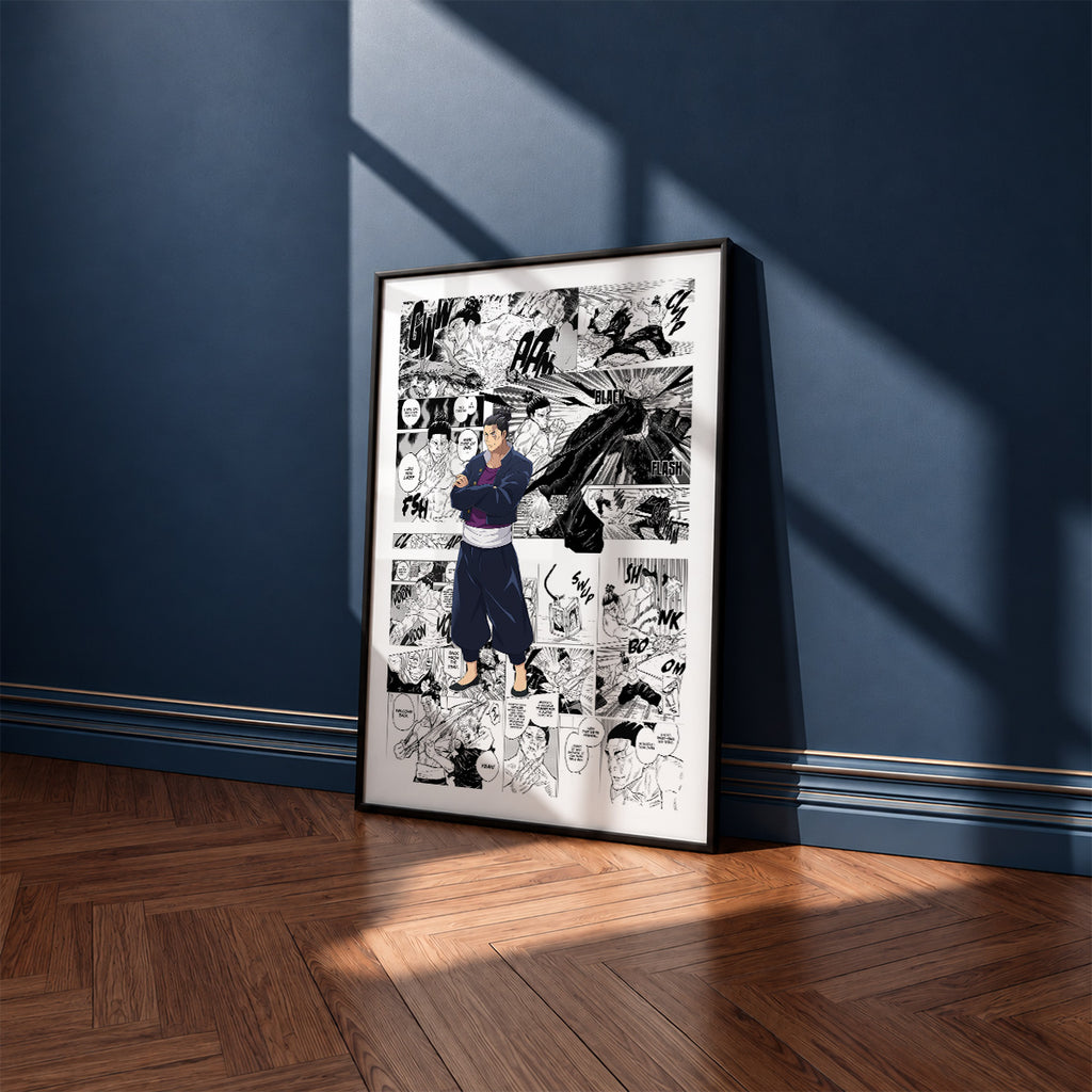 Aoi Todo manga poster inspired by Jujutsu Kaisen in a black frame against a navy blue wall
