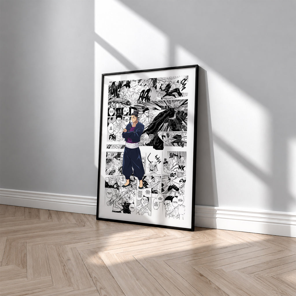 Aoi Todo manga poster inspired by Jujutsu Kaisen in a black frame against a light gray wall