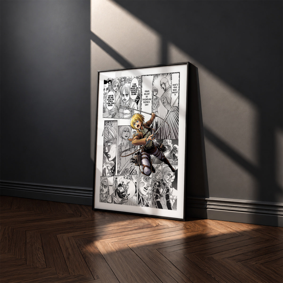 Armin Arlert manga poster inspired by Attack on Titan in a black frame against a charcoal gray wall