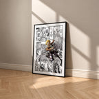 Armin Arlert manga poster inspired by Attack on Titan in a black frame against a warm beige wall