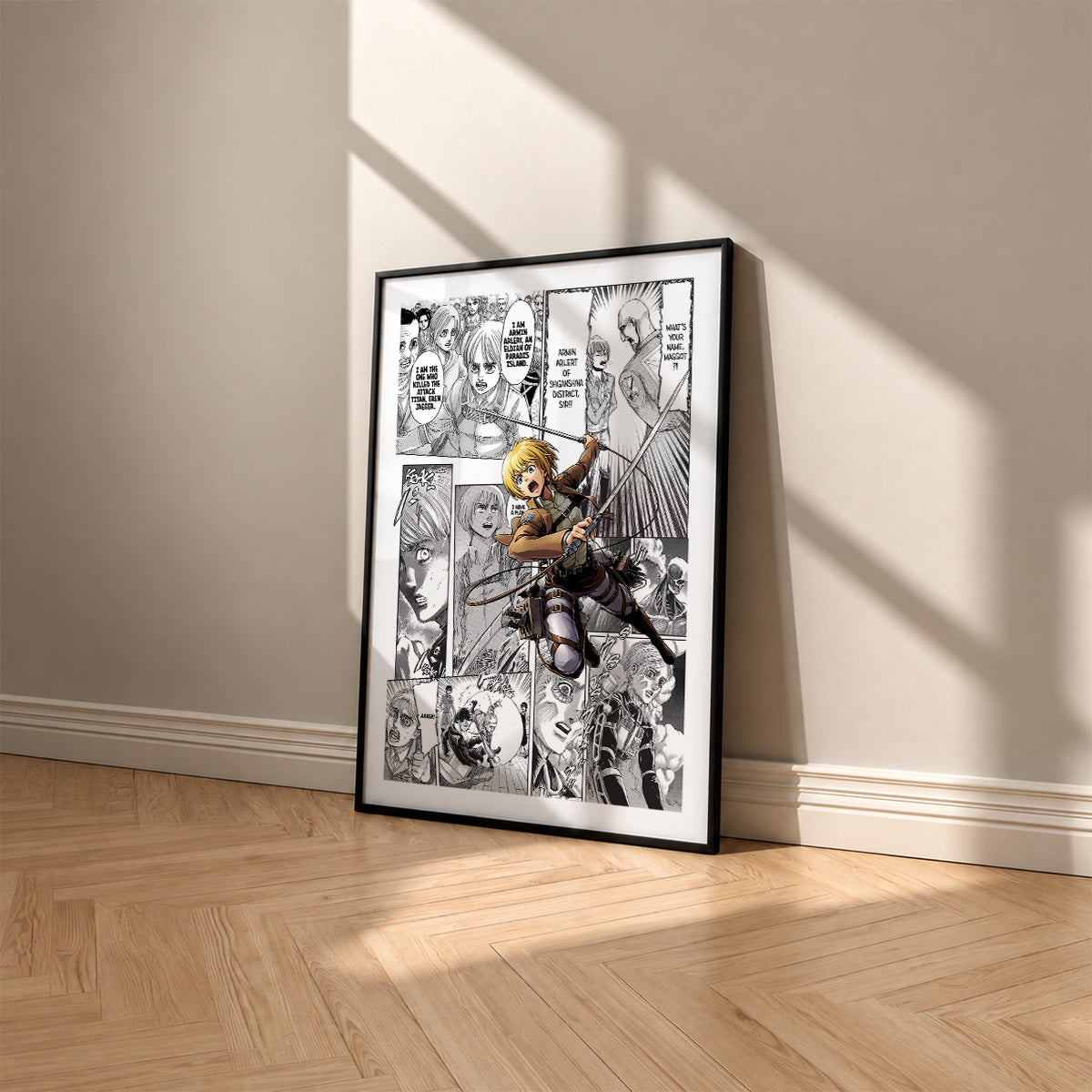 Armin Arlert manga poster inspired by Attack on Titan in a black frame against a warm beige wall