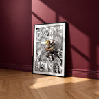 Armin Arlert manga poster inspired by Attack on Titan in a black frame against a burgundy wall