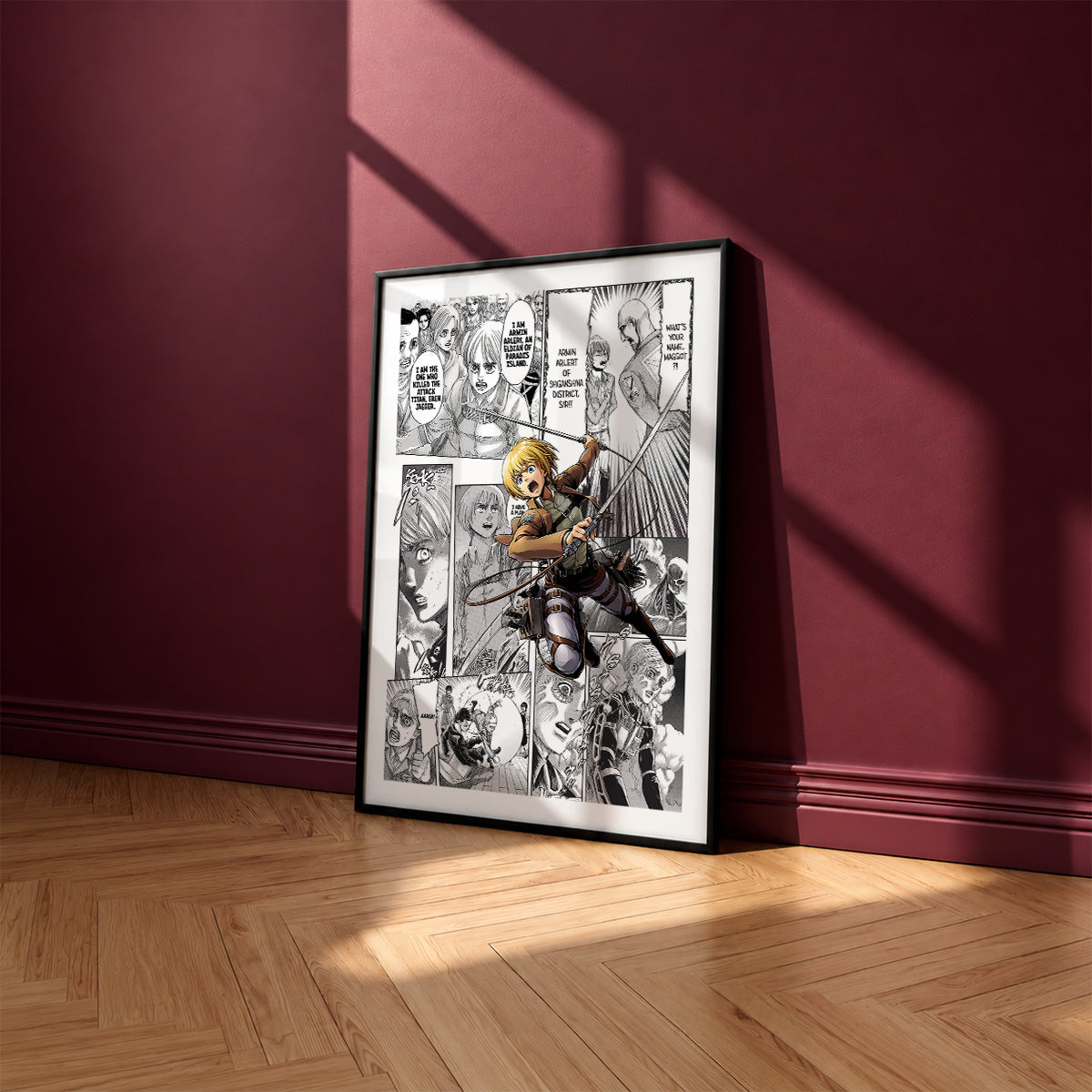 Armin Arlert manga poster inspired by Attack on Titan in a black frame against a burgundy wall