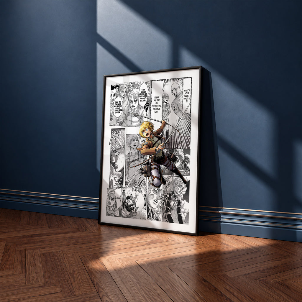 Armin Arlert manga poster inspired by Attack on Titan in a black frame against a navy blue wall
